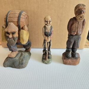 Vintage Hand-Carved Wooden Folk Art Figurines - Brown, Tan, Green